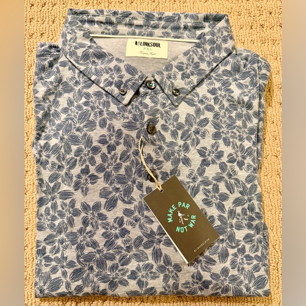 NWT Linksoul Men’s Leaf Print Blue Polo in Sz XXL, orig $90